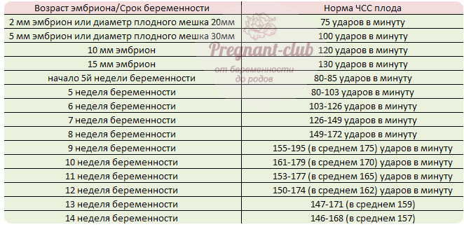 Таблица норм ЧСС плода при беременности